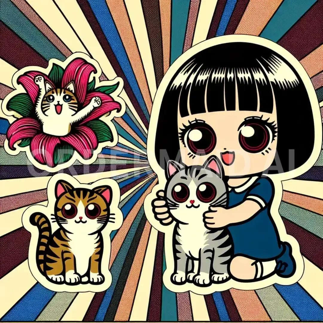 ビックリマンシール風イラスト - 生成したいイラストを入力してください:  スッキリボブの女の子が虎柄の猫とグレーの猫を抱っこしている 百合の花 赤 目くりくり - AI画像 クラウドワークスAI