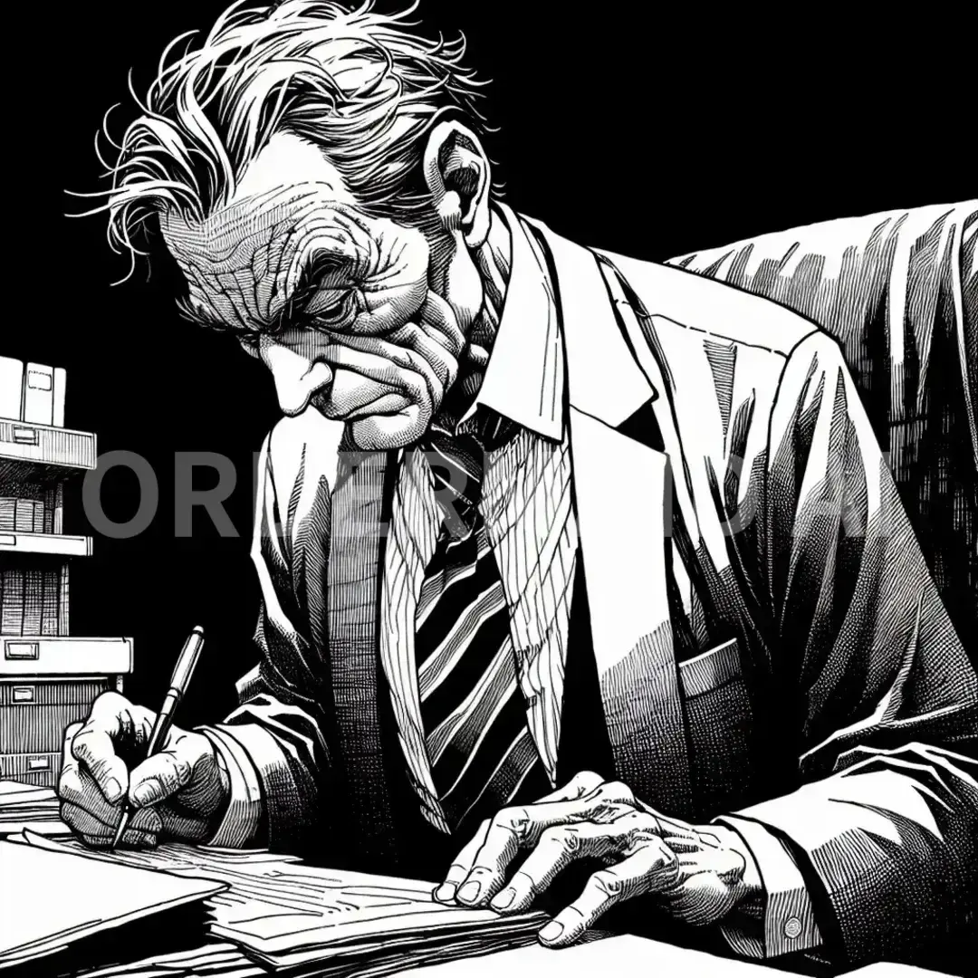 劇画風漫画イラストメーカー - どんなイラストを生成したい？: 事務作業をしている猫背の胡散臭い60代男性 - AI画像 クラウドワークスAI