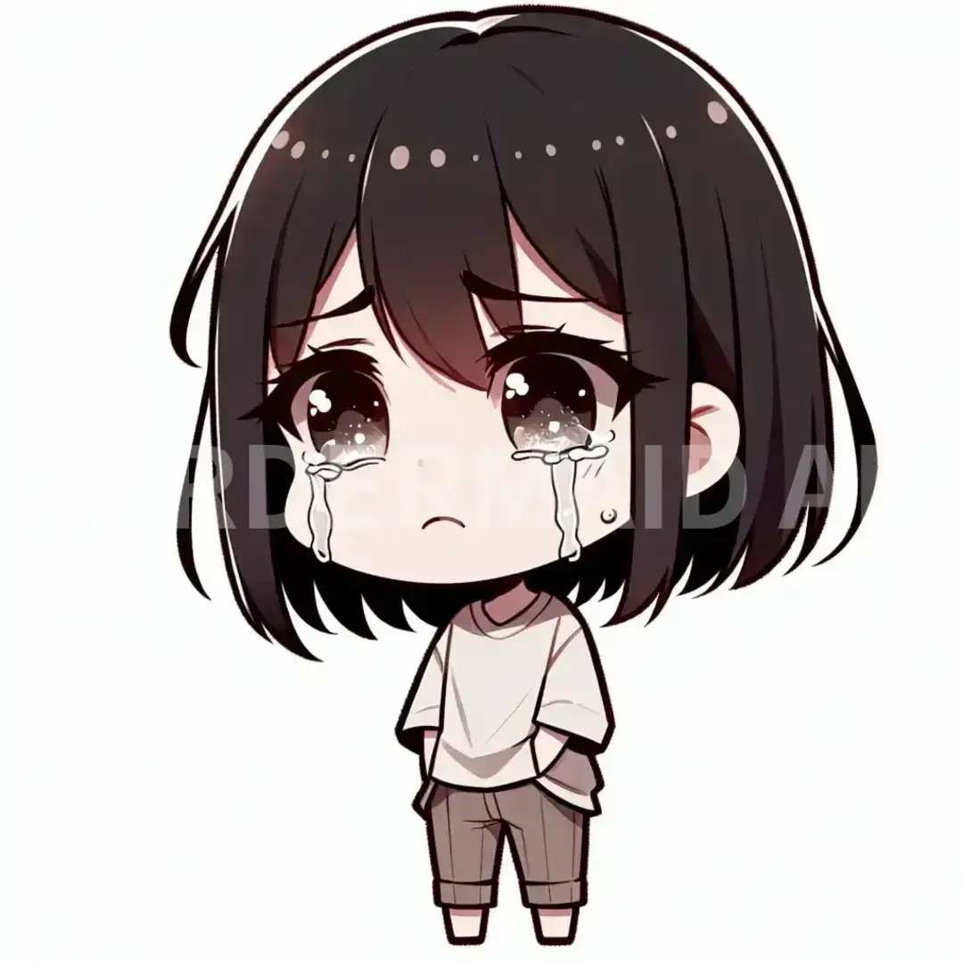 ちびキャラLINEスタンプメーカー - どんなイラストを生成したい？: メンヘラ女子 / 表情を選択してください。: ぴえん顔 - 目に涙を溜め、苦しそうな表情で困った状況を表す。 - AI画像 クラウドワークスAI