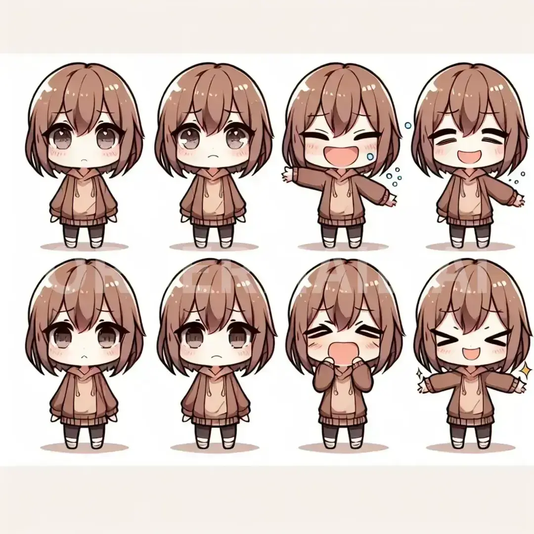 ちびキャラLINEスタンプメーカー - どんなイラストを生成したい？: ５才（髪が長い、）と２才（おかっぱ頭）の姉妹。喜怒哀楽の表情。後姿も含む。顔大きく首から下は小さく漫画チックな手足。 / 表情を選択してください。: 笑顔 - 幸せや友好的な感情を示す。 - AI画像 クラウドワークスAI