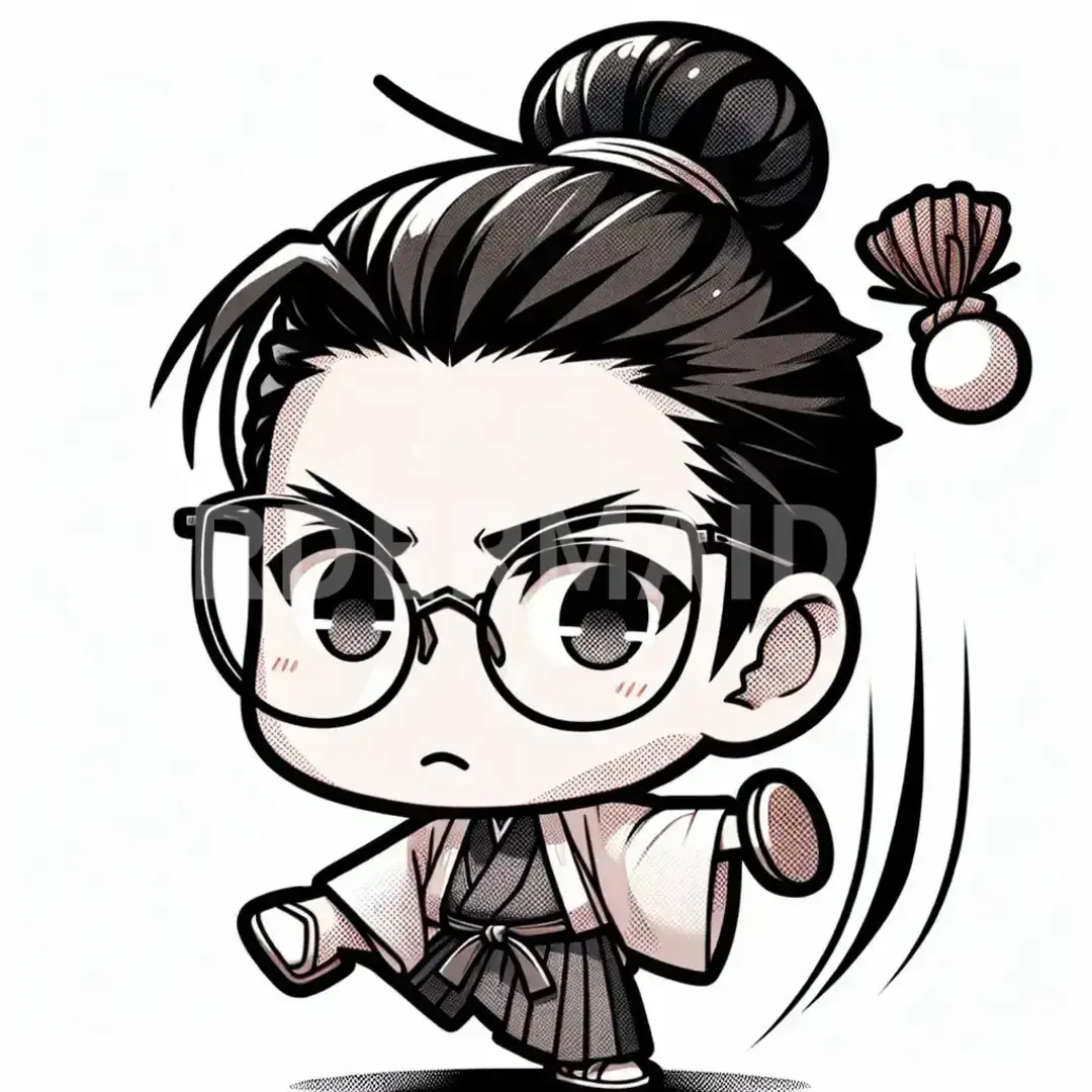 ちびキャラ - どんなちびキャラを生成したい？: チョンマゲ侍
髪型ツーブロック
メガネ男子
フィンランドのスポーツモルックを投げている - AI画像 クラウドワークスAI