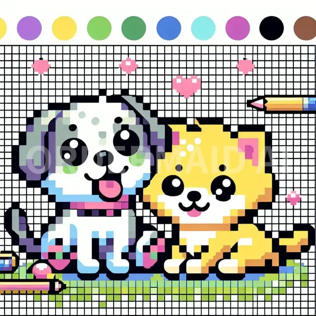 ドット絵メーカー - どんなイラストを生成したい？: 32×32のドット絵、仲良く遊んでいる犬と猫、かわいい雰囲気、塗り絵として塗りやすい、12色で着色する（黄色、橙色、緑色、緑色、水色、紫色、桃色、赤、薄橙色、茶色、黒、青）、マス目を表示する - AI画像 クラウドワークスAI