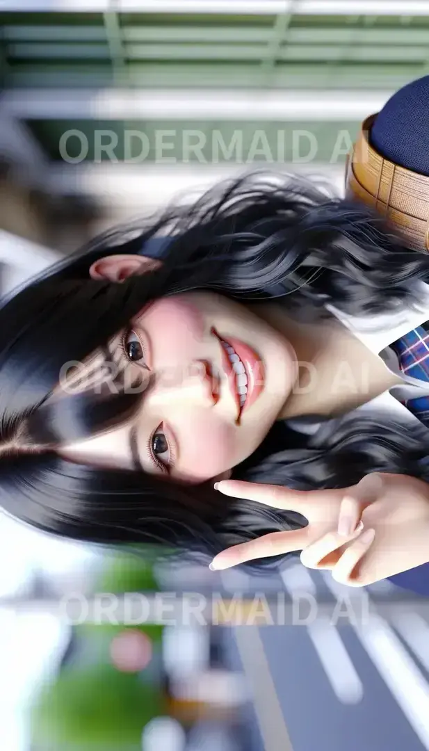 AI美女メーカー - 髪色: 黒髪 / 年齢: 10代 / ポーズやシーン: 笑顔でピース - AI画像 クラウドワークスAI