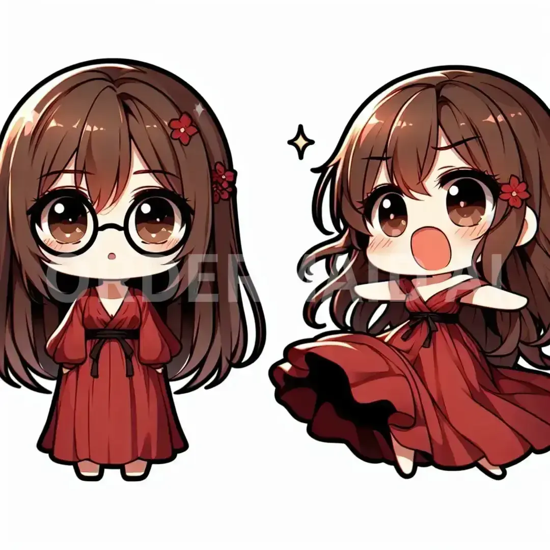ちびキャラLINEスタンプメーカー - どんなイラストを生成したい？: 黒い丸メガネをかけている女の子で、ヒラヒラの赤いワンピースを着ています。セミロングの茶髪です。 / 表情を選択してください。: 驚きの表情 - 目を見開き、口を開けることで驚きを示す。 - AI画像 クラウドワークスAI