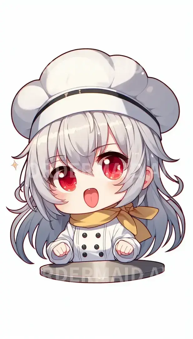 ちびキャラ - どんなちびキャラを生成したい？: 銀髪の女の子
瞳の色は赤
真っ白のコックの衣装
コックの帽子
髪の毛は全部しまい込んでいて前髪だけ出している
首元に黄色のスカーフ
舌を横にぺろっと出してる
 - AI画像 クラウドワークスAI