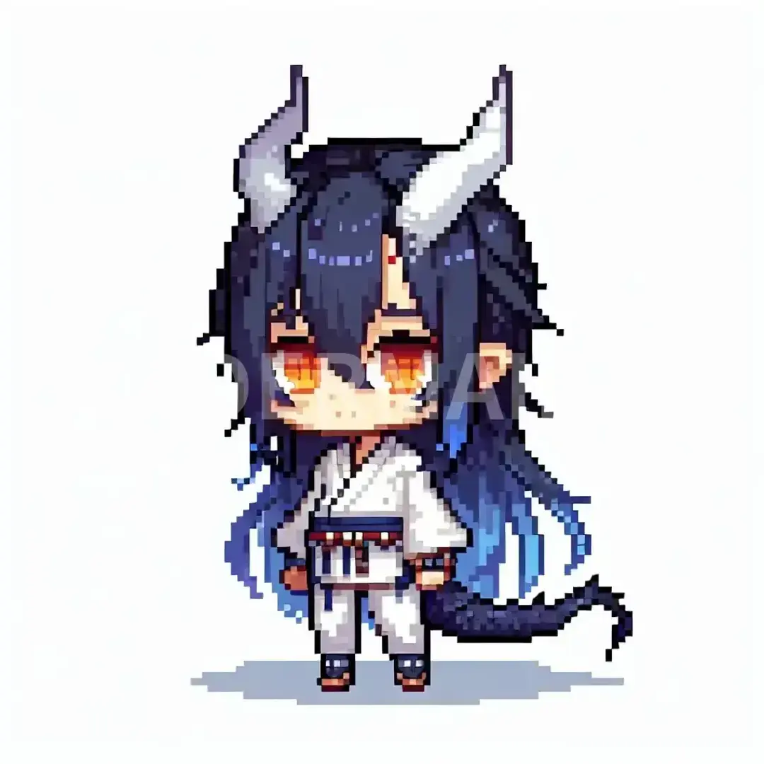 ちびキャラ（ドット絵） - どんなちびキャラを生成したい？: ◆髪の色とスタイル　青色と赤色混じりの長い髪の毛 ◆目の色　橙色 ◆身長と体型　120cm  ◆顔立ちの特徴　大きい目、左眉毛の上に傷跡 ◆服装　白色を基調とした服、シンプルな服 ◆スタイル　ドット風、2頭身、チビキャラ ◆色とデザインの詳細　鮮やかな色でシンプル ◆アクセサリーや特別なアイテム　ドラゴンが人間の姿に変身しているので頭からツノが生えている。  - AI画像 クラウドワークスAI