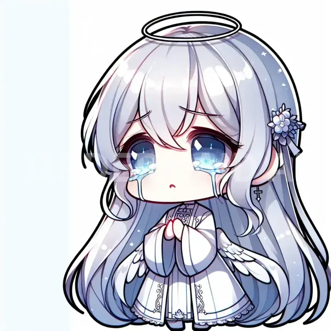 ちびキャラLINEスタンプメーカー - どんなイラストを生成したい？: 儚い銀髪の女の子 / 表情を選択してください。: 悲しみの表情 - 目に涙を溜めることで悲しみを表現する。 - AI画像 クラウドワークスAI
