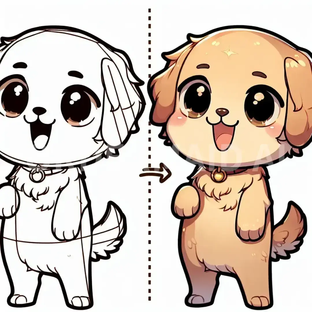 ちびキャラLINEスタンプメーカー - どんなイラストを生成したい？: 犬 ゴールデンレトリバー / 表情を選択してください。: 笑顔 - 幸せや友好的な感情を示す。 - AI画像 クラウドワークスAI