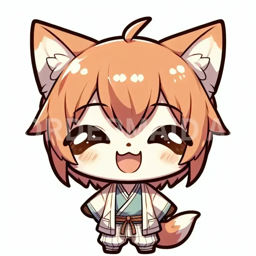 ちびキャラLINEスタンプメーカー - どんなイラストを生成したい？: かわいいきつね / 表情を選択してください。: 笑顔 - 幸せや友好的な感情を示す。 - AI画像 クラウドワークスAI