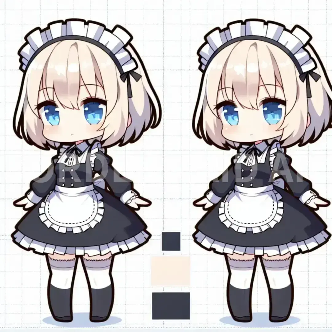 ちびキャラ - どんなちびキャラを生成したい？: 金髪
ショートヘアー
目が青い
cカップ
肌が白め
メイド
女の子 - AI画像 クラウドワークスAI