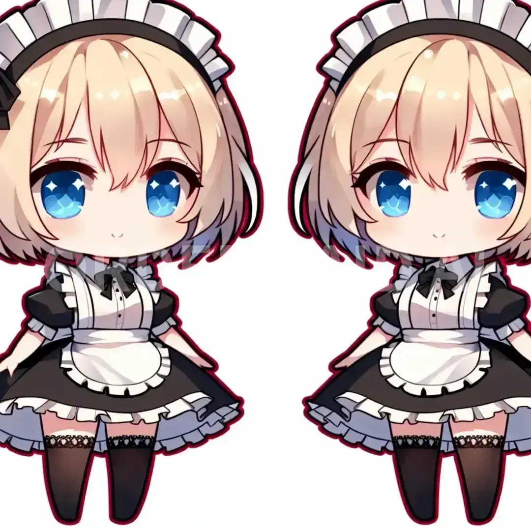 ちびキャラ - どんなちびキャラを生成したい？: 金髪
ショートヘアー
目が青い
cカップ
肌が白め
メイド
女の子
黒ニーソ
髪が黄色 - AI画像 クラウドワークスAI