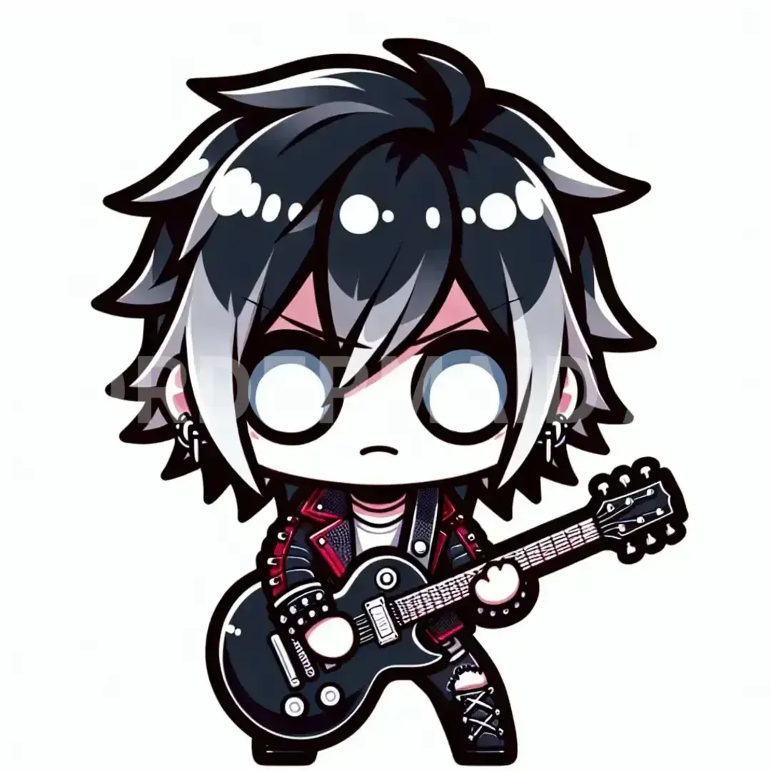 ちびキャラ - どんなちびキャラを生成したい？: 三白眼 派手髪 V系バンドマン ギタリスト - AI画像 クラウドワークスAI