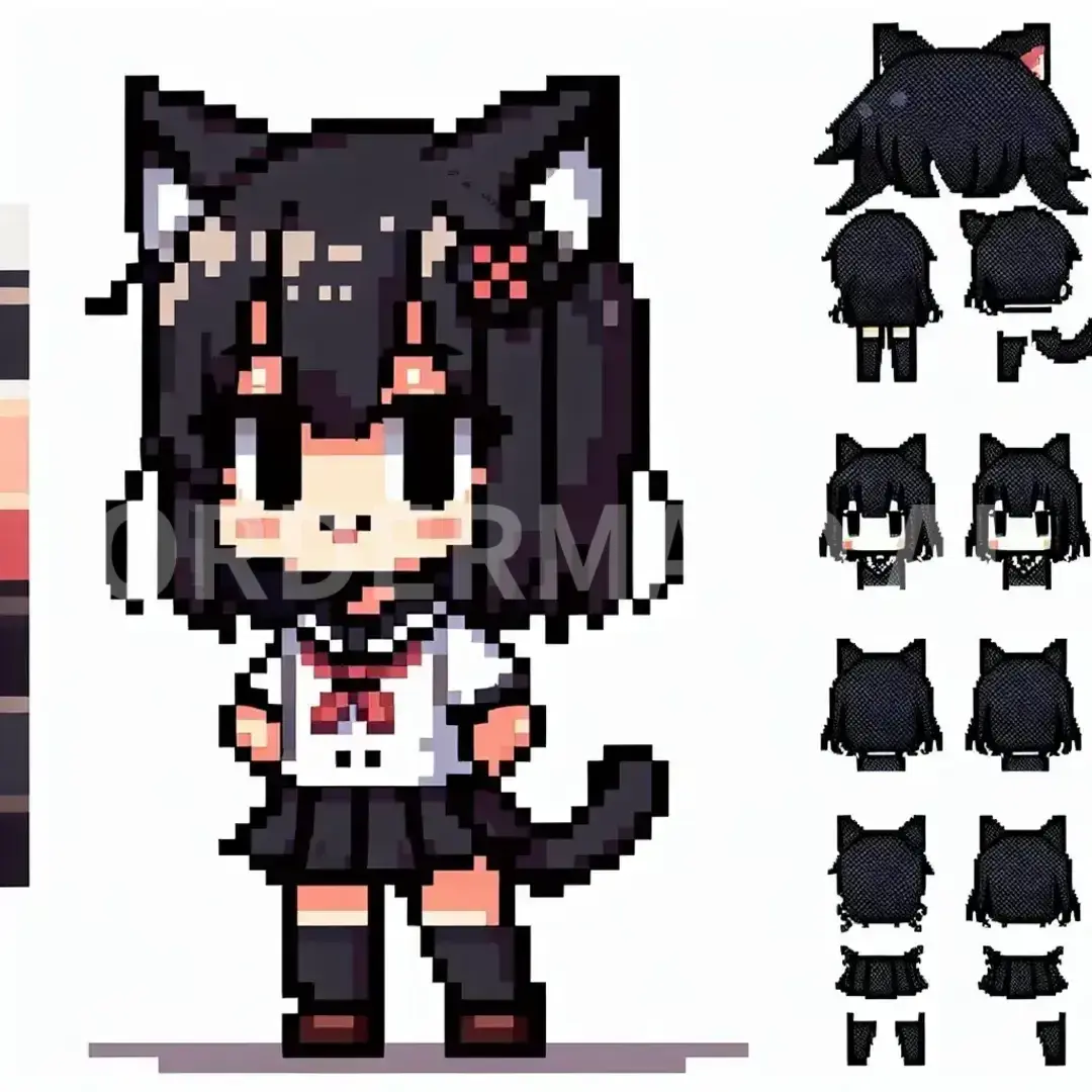 ちびキャラ（ドット絵） - どんなちびキャラを生成したい？: 黒髪の猫耳の中学生 - AI画像 クラウドワークスAI