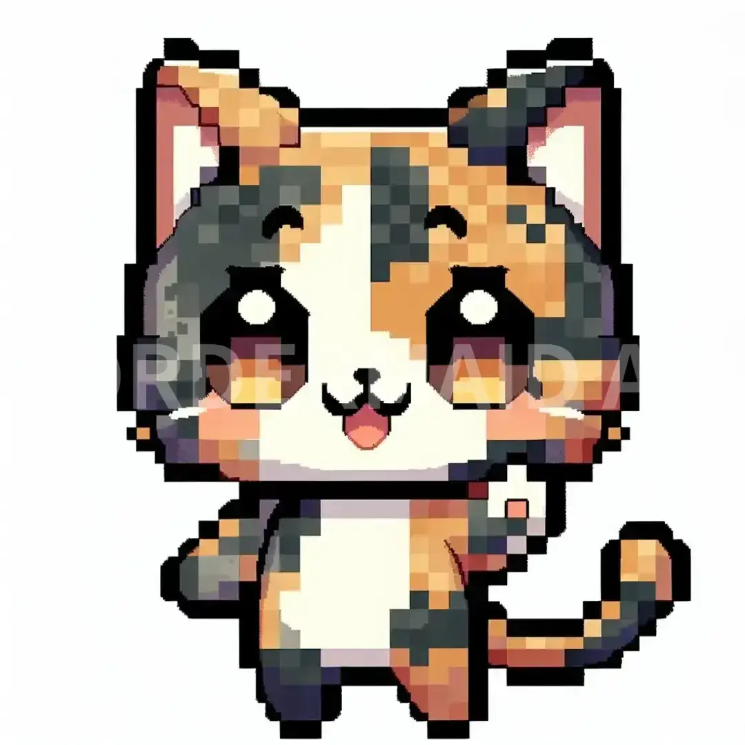 ちびキャラLINEスタンプメーカー - どんなイラストを生成したい？: ドット絵の三毛猫 / 表情を選択してください。: 笑顔 - 幸せや友好的な感情を示す。 - AI画像 クラウドワークスAI