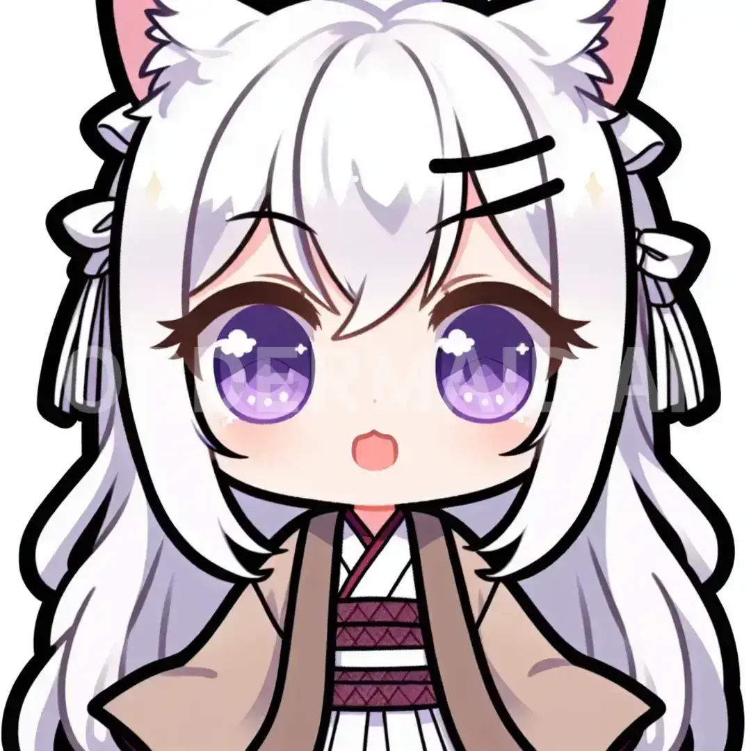 ちびキャラ - どんなちびキャラを生成したい？: 白髪ロング
紫色の目
ジト目
猫耳
ローブを来ている
女の子 - AI画像 クラウドワークスAI