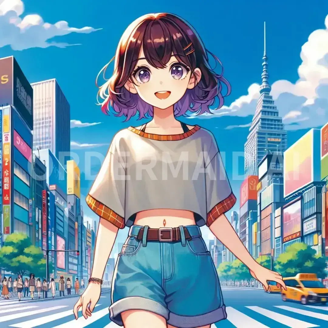 なんでも自由に生成 - 生成したい画像の指示を入力: へそ出し　ショートパンツ　アニメ　 - AI画像 クラウドワークスAI