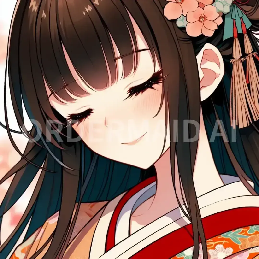 顔面どアップイラストアイコン - どんなイラストを生成したい？: 巫女 / 表情を選択してください。: 愛情: 目を優しく閉じ、微笑み、抱擁する姿勢。 - AI画像 クラウドワークスAI