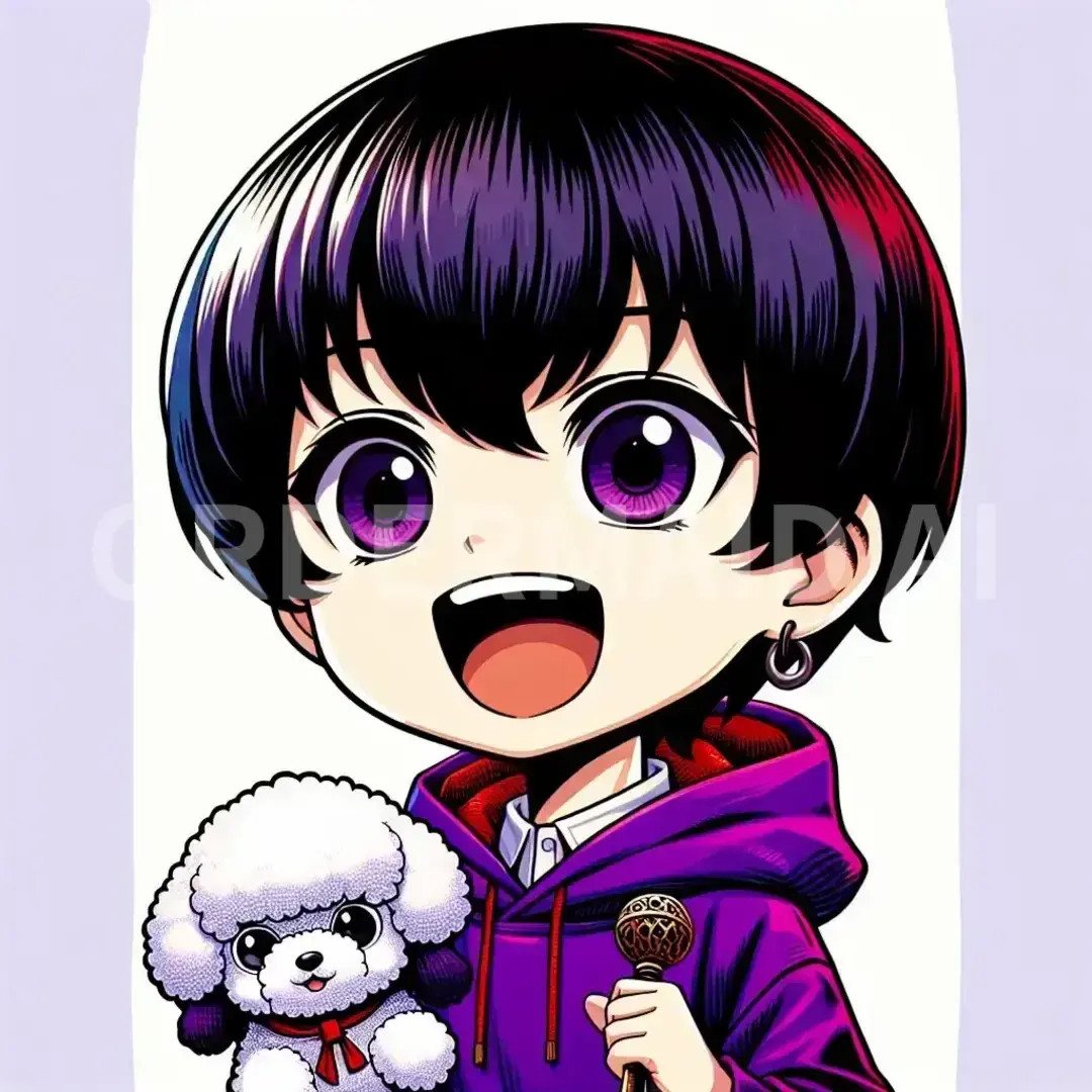 ちびキャラ - どんなちびキャラを生成したい？: 黒髪ボブ　インナーカラー赤　前髪あり 　まつげバサバサ　目ぱっちり　にこっもわらっている　ビビット紫のパーカー 白いトイプードルを抱っこしている　　大爆笑 - AI画像 クラウドワークスAI
