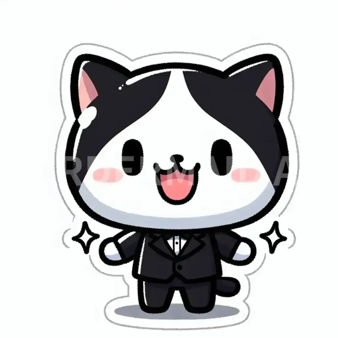 ちびキャラLINEスタンプメーカー - どんなイラストを生成したい？: 楽しそうな茶白猫 / 表情を選択してください。: 笑顔 - 幸せや友好的な感情を示す。 - AI画像 クラウドワークスAI