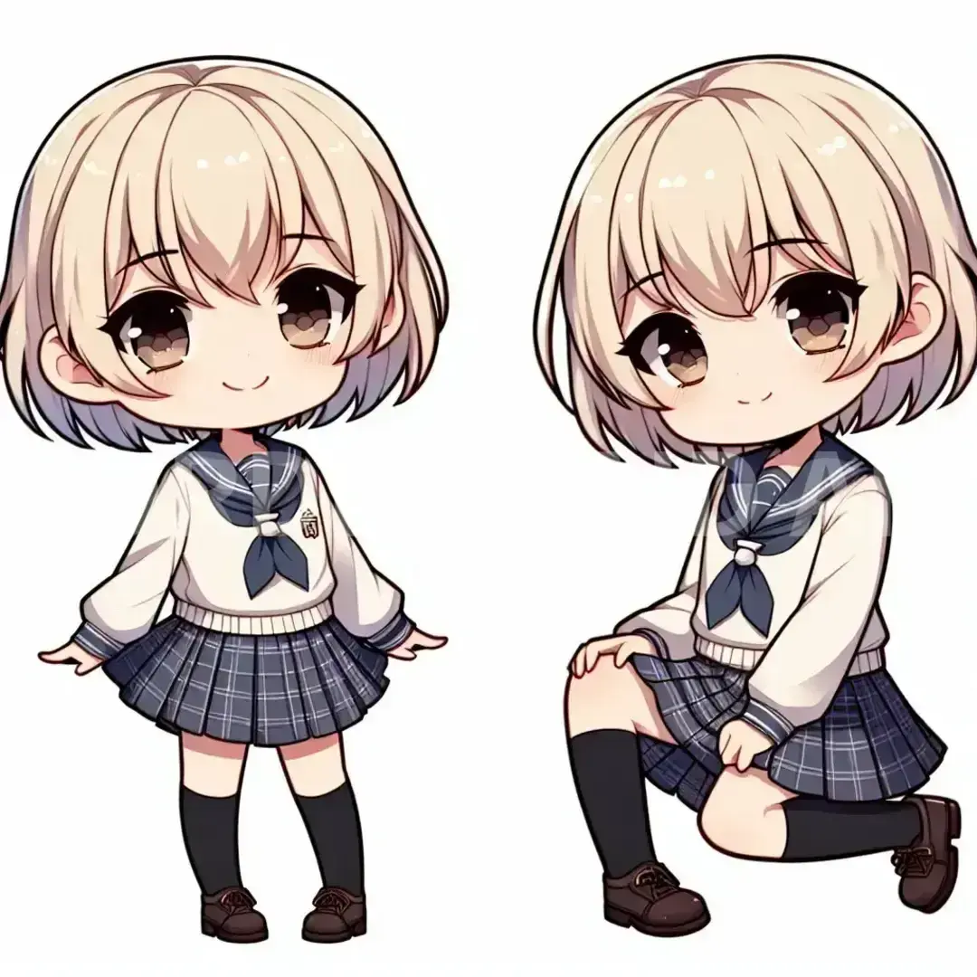 ちびキャラLINEスタンプメーカー - どんなイラストを生成したい？: ショートカットの金髪で、女子高生の制服を着て、ルーズソックスを履いています。かわいいポーズ。 / 表情を選択してください。: 甘えた笑顔 - 優しい眼差しと微笑みで、親しみや愛情を求める表情。 - AI画像 クラウドワークスAI