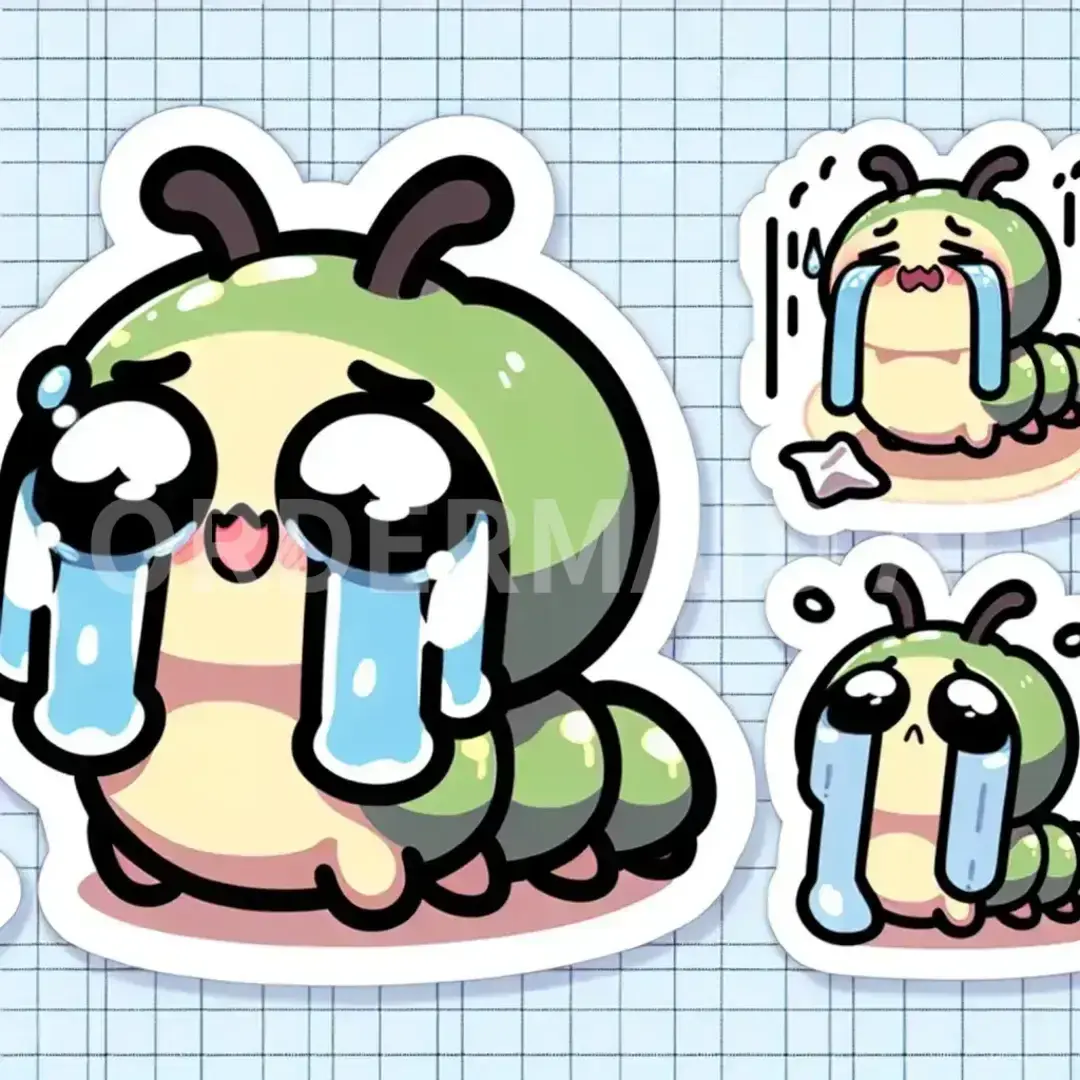 ちびキャラLINEスタンプメーカー - どんなイラストを生成したい？: かわいいイモムシ / 表情を選択してください。: 幸せな涙 - 喜びの涙を流す。 - AI画像 クラウドワークスAI