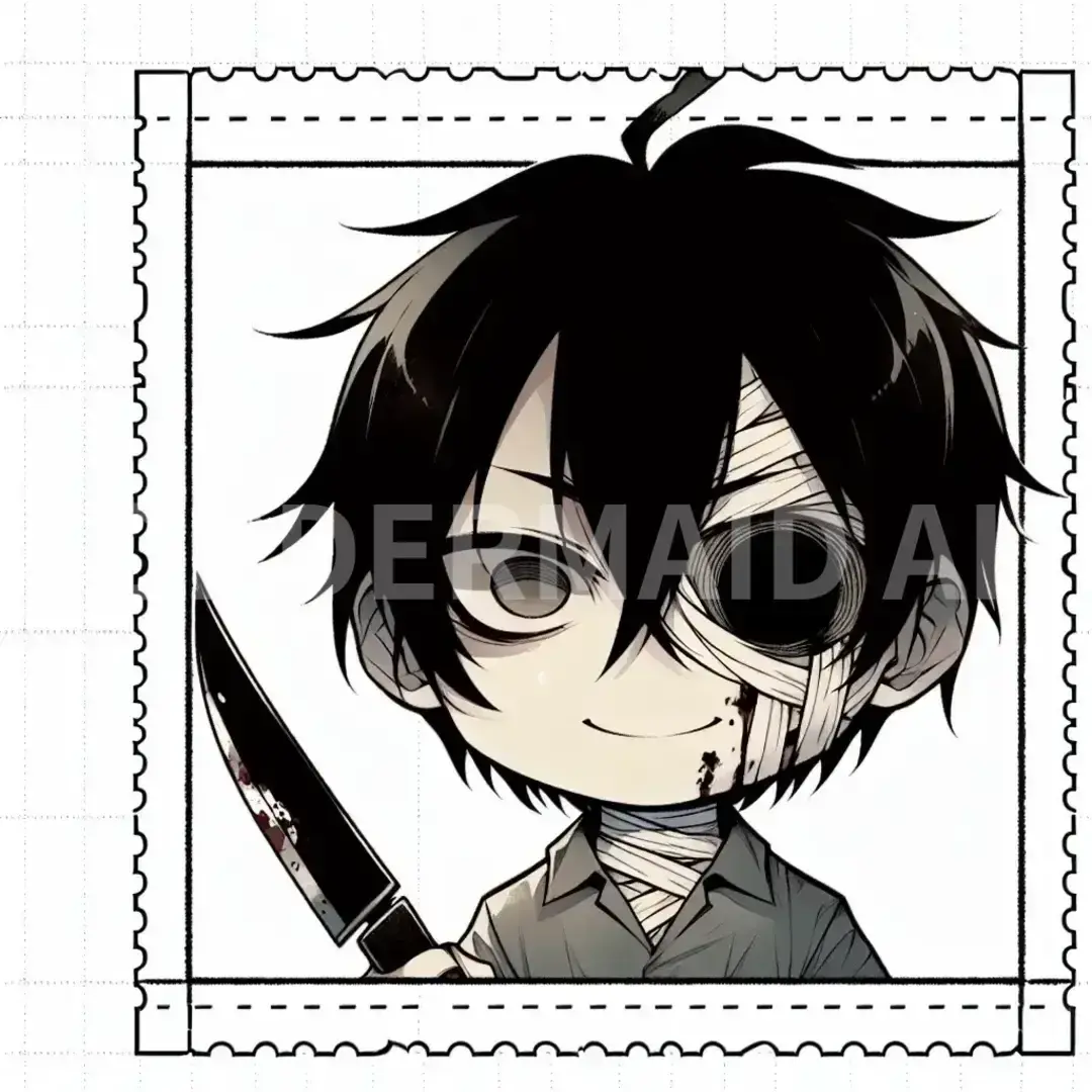 ちびキャラ - どんなちびキャラを生成したい？: 黒髪横わけヘアー 片目半開き 片目大きい黒目 片目小さい黒目 ゲス顔 病み 血だらけ 首に包帯 男 サバイバルナイフ持っている - AI画像 クラウドワークスAI
