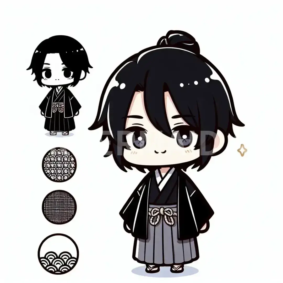 ちびキャラLINEスタンプメーカー - どんなイラストを生成したい？: 黒髪　和服 / 表情を選択してください。: 花が咲く背景 - 恋愛感情や幸福を感じるときに背景に花が描かれる。 - AI画像 クラウドワークスAI