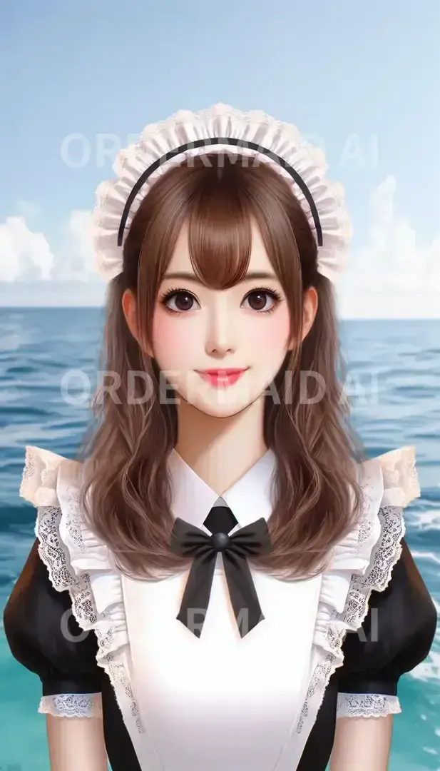 AI美女メーカー2 - 髪型: ツーサイドアップ / 髪色: 茶髪 / 服装: メイド服 / 背景: 海洋 / 表情やポーズ: 笑顔 - AI画像 クラウドワークスAI