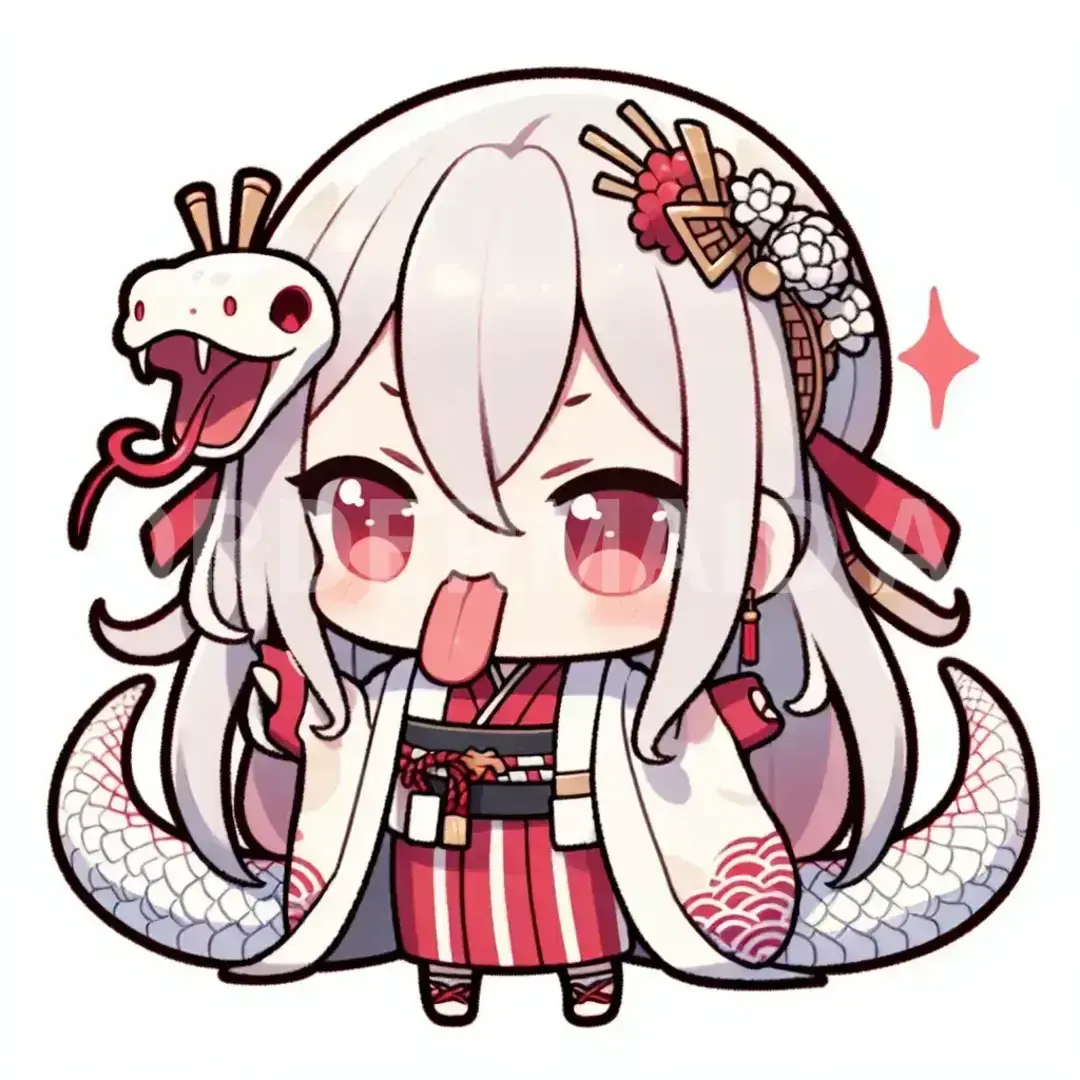 ちびキャラ - どんなちびキャラを生成したい？: 蛇の擬人化
和服
白髪に赤のイントネーション
舌出し
女 - AI画像 クラウドワークスAI