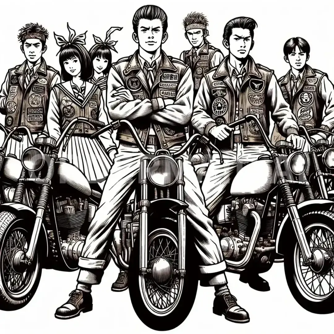 昭和の不良漫画メーカー - どんなイラストを生成したい？: バイクにまたがる応援団 - AI画像 クラウドワークスAI