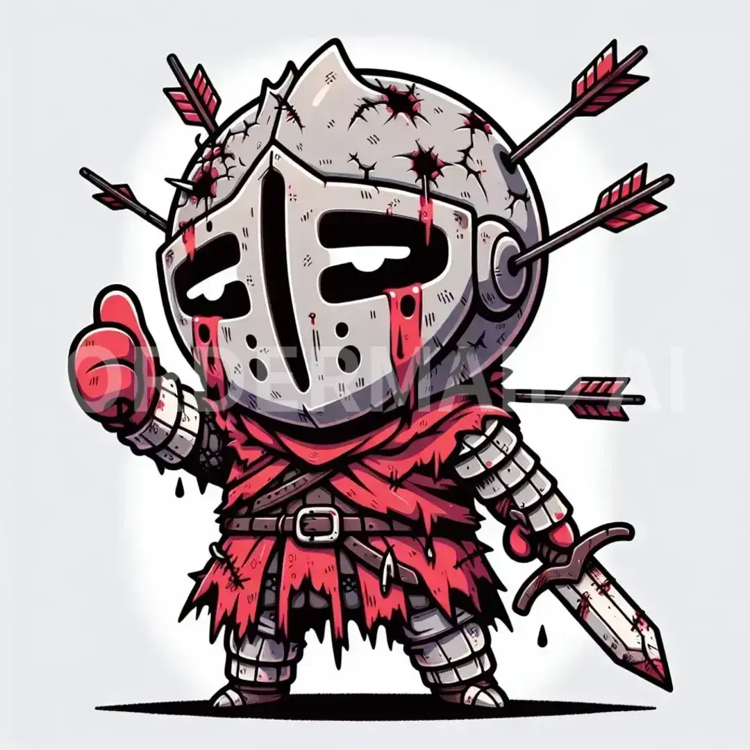 ちびキャラLINEスタンプメーカー - どんなイラストを生成したい？: 赤いボロボロの甲冑　負け戦　矢が刺さっている　倒れてる　ギリギリ立ってる　刃こぼれした刀を持ってる　親指立てる　中指立てる　反抗心　ニヤリと笑ってる　泣いてる　櫛がってる　やる気見せてる / 表情を選択してください。: ニヤリとした悪戯笑顔 - 片隅に笑みを浮かべていたずらな意図を示す。 - AI画像 クラウドワークスAI
