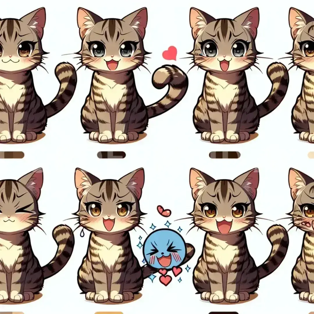 LINEスタンプメーカー2 - 生成したいキャラクター: トラ猫　長い尻尾　全身　 / スタイル: アニメ風 - AI画像 クラウドワークスAI