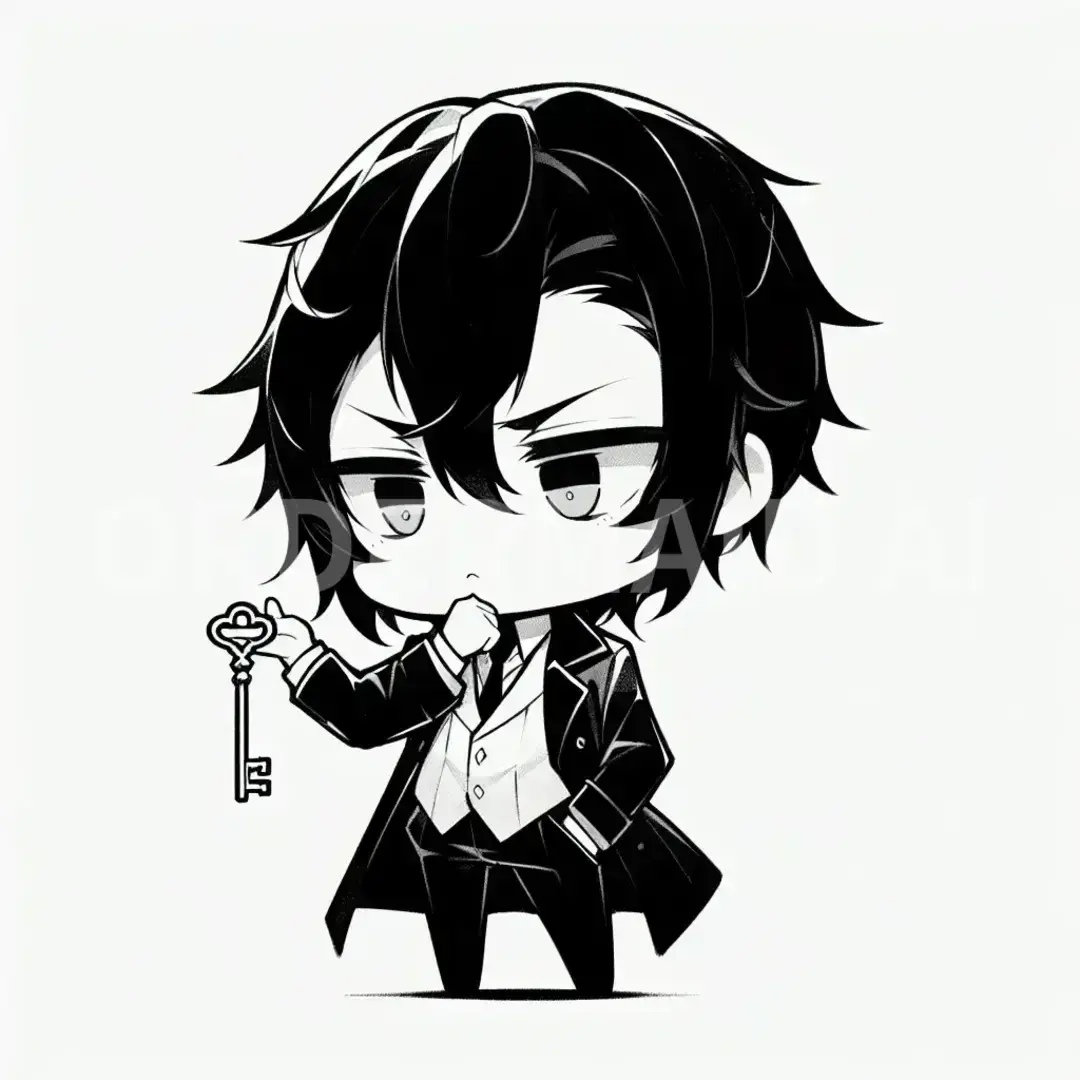 ちびキャラLINEスタンプメーカー - どんなイラストを生成したい？: 鍵
男
黒髪 / 表情を選択してください。: 思案顔 - 顎に手を当てたり、眉をひそめたりして考え込んでいる様子。 - AI画像 クラウドワークスAI