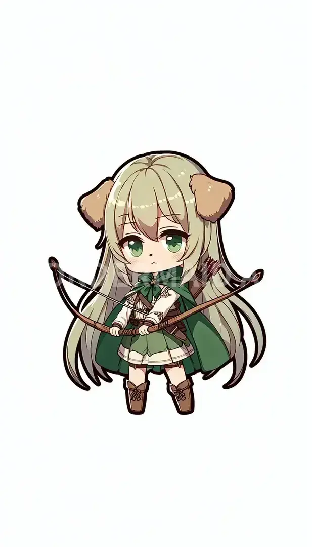 ちびキャラ - どんなちびキャラを生成したい？: 茶髪のストレートのロングヘア
マント
アーチャー
武器は弓
勇者
スカート
服装は緑色
犬耳をつけている - AI画像 クラウドワークスAI