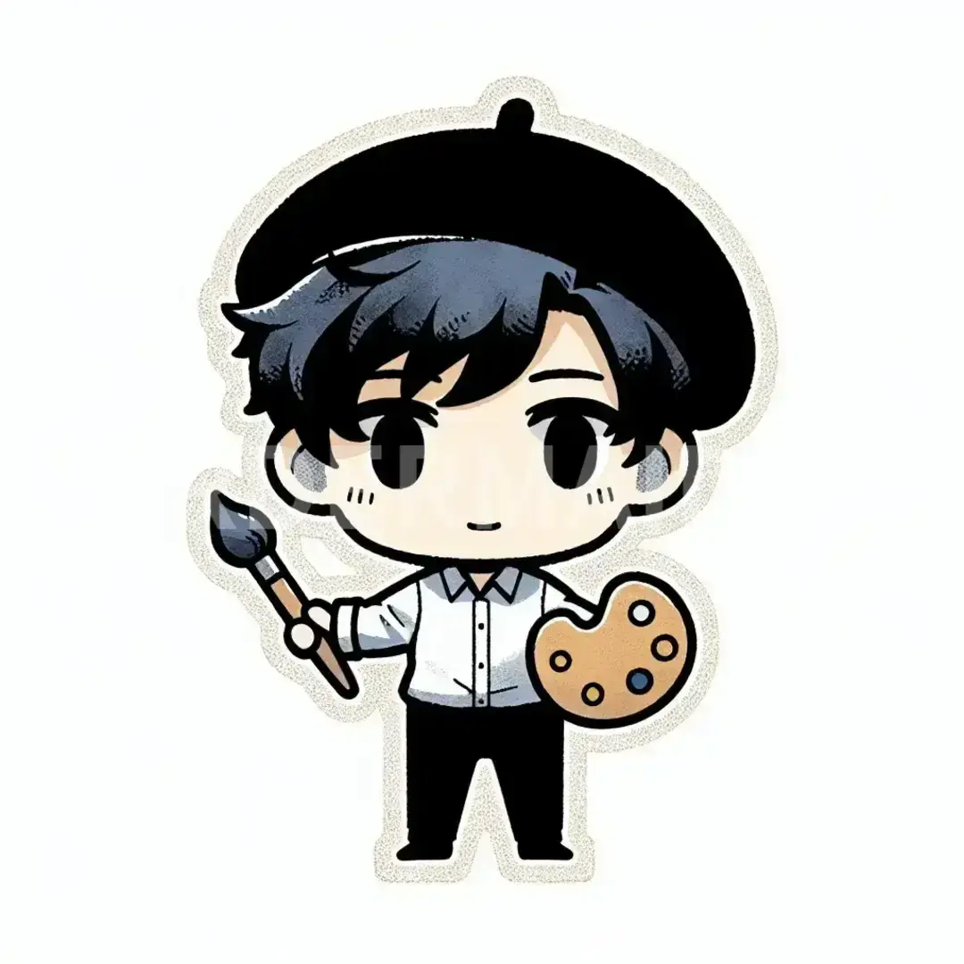 ちびキャラ - どんなちびキャラを生成したい？: ベレー帽をかぶってパレットを持った少年 - AI画像 クラウドワークスAI