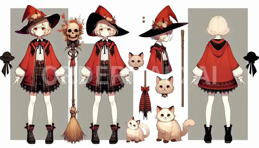 Vtuberの立ち絵メーカー - どんなイラストを生成したい？: 魔女っ子 16歳 デザインの魔女帽子 フワフワの白猫と一緒 衣装は赤色 アクセントに黒色 茶色の猫の頭が着いた魔法のほうきを持っている ブロンドボブ 前髪斜め分け - AI画像 クラウドワークスAI