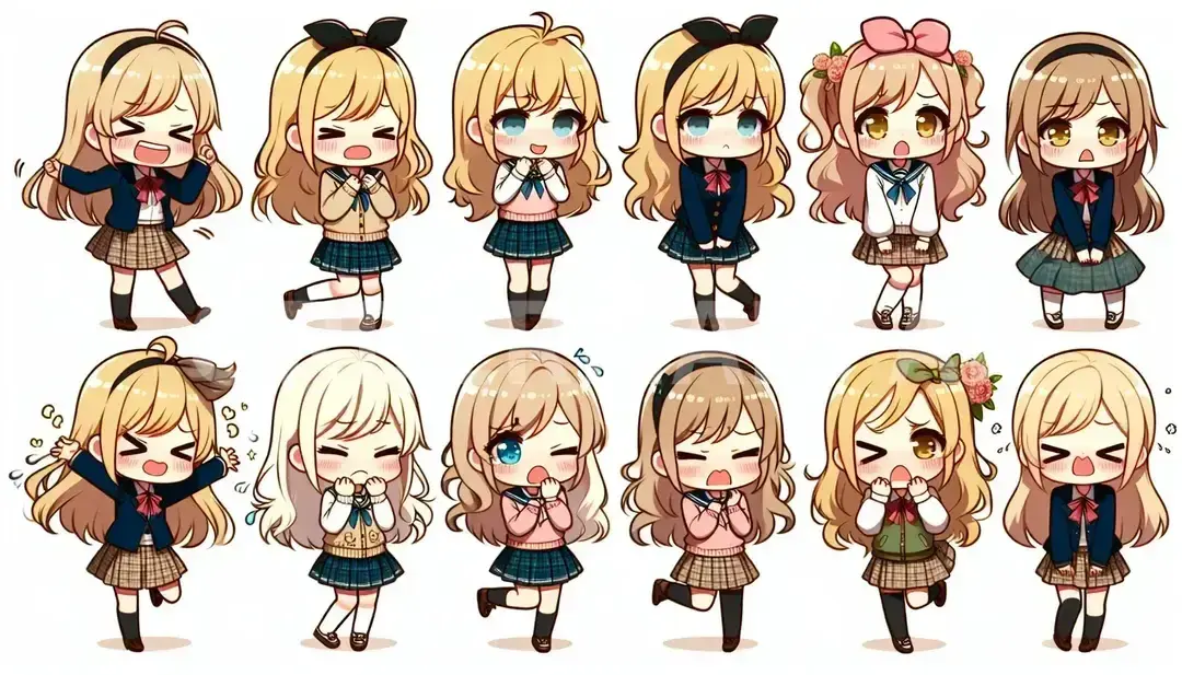 LINEスタンプメーカー2 - 生成したいキャラクター: 病んでるロリ女子高校生 金髪 ギャル 喜び 動き / スタイル: ちびキャラ風 - AI画像 クラウドワークスAI