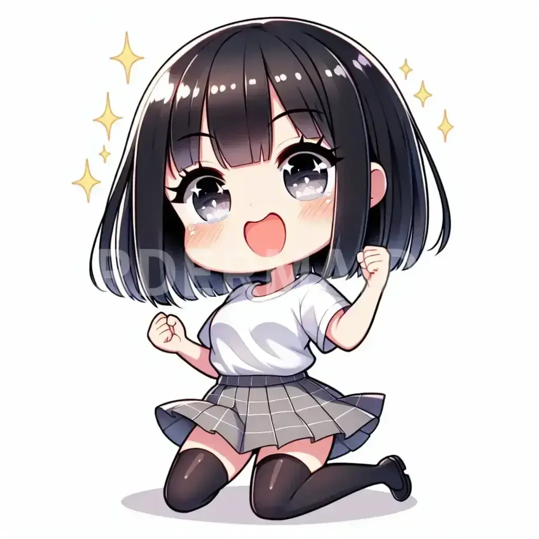 ちびキャラLINEスタンプメーカー - どんなイラストを生成したい？: 黒髪ボブの女の子
目がクリクリで美少女
ニーハイソックスに白のTシャツ、グレーのチェックのミニスカートをはいています。
バンザイをしている / 表情を選択してください。: 幸せな涙 - 喜びの涙を流す。 - AI画像 クラウドワークスAI