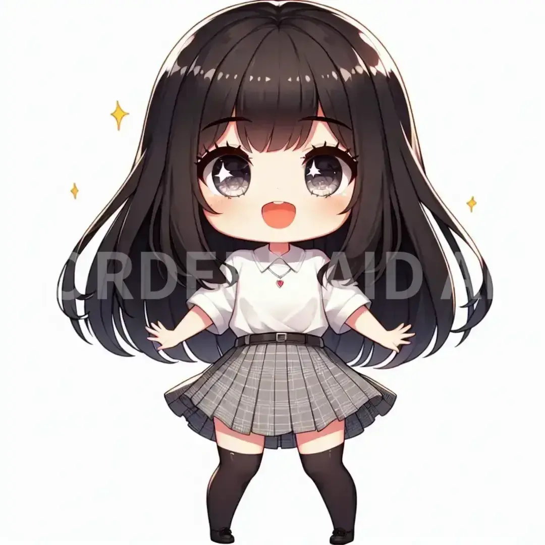 ちびキャラLINEスタンプメーカー - どんなイラストを生成したい？: 黒髪ボブの女の子
目がクリクリで美少女
ニーハイソックスに白のTシャツ、グレーのチェックのミニスカートをはいています。
バンザイをしている / 表情を選択してください。: 恍惚の笑み - 満足や幸せを感じている際に見せる、優しい微笑。 - AI画像 クラウドワークスAI