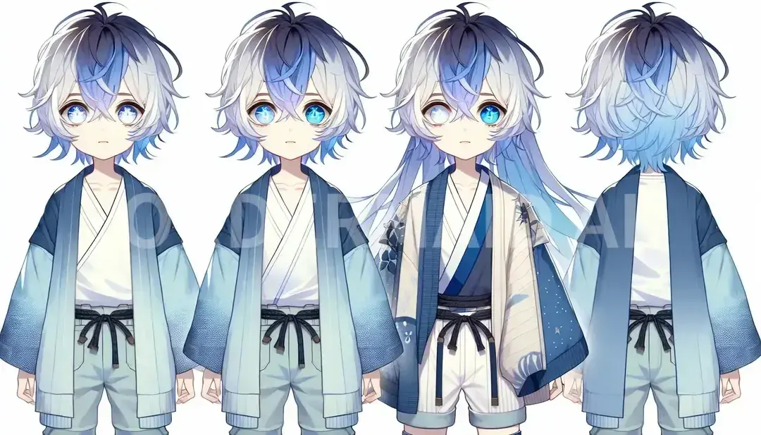 Vtuberの立ち絵メーカー - どんなイラストを生成したい？: 青髪ロング 髪の長さは腰まで 髪色は紺色と白のグラデーション カジュアルな和装 袖長め 短いズボン 可愛い男の子 右目が白で左目が水色のオッドアイ  - AI画像 クラウドワークスAI