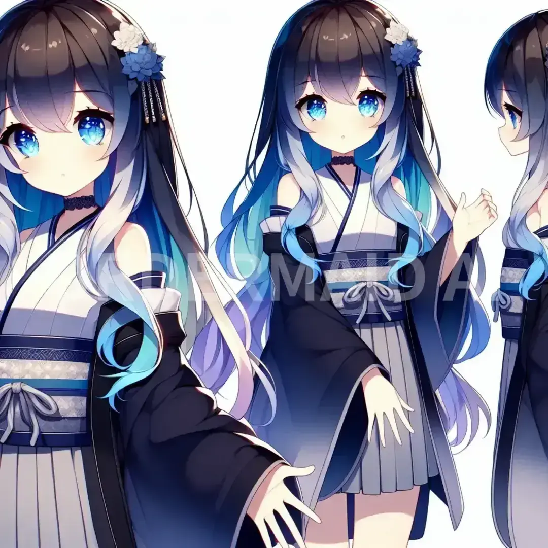 Vtuberの立ち絵メーカー - どんなイラストを生成したい？: ロングヘア 髪色が紺色と白のグラデーション 可愛い女の子 白と青のオッドアイ 青と黒の和装 - AI画像 クラウドワークスAI