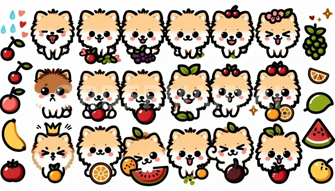 LINEスタンプメーカー2 - 生成したいキャラクター: フルーツポメラニアン / スタイル: ちびキャラ風 - AI画像 クラウドワークスAI