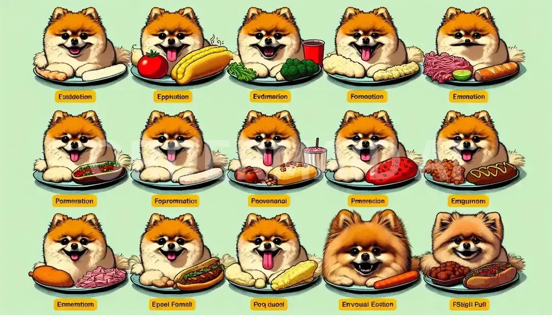 LINEスタンプメーカー2 - 生成したいキャラクター: 食べ物になったポメラニアン / スタイル: アニメ風 - AI画像 クラウドワークスAI