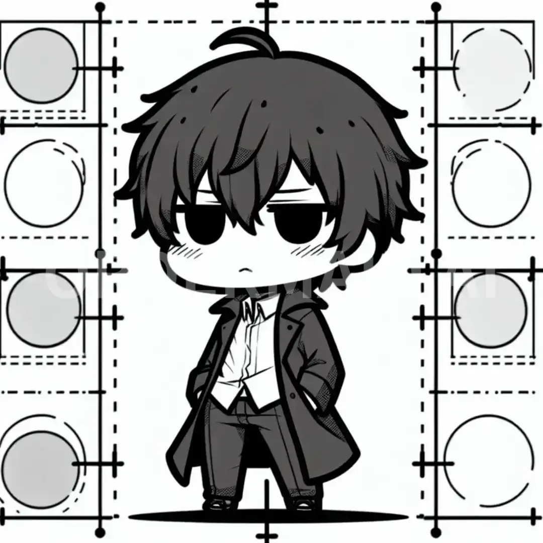 ちびキャラLINEスタンプメーカー - どんなイラストを生成したい？: クールな前髪重ため男子 / 表情を選択してください。: 無表情 - 感情を一切表に出さず、冷静または無関心を装う。 - AI画像 クラウドワークスAI