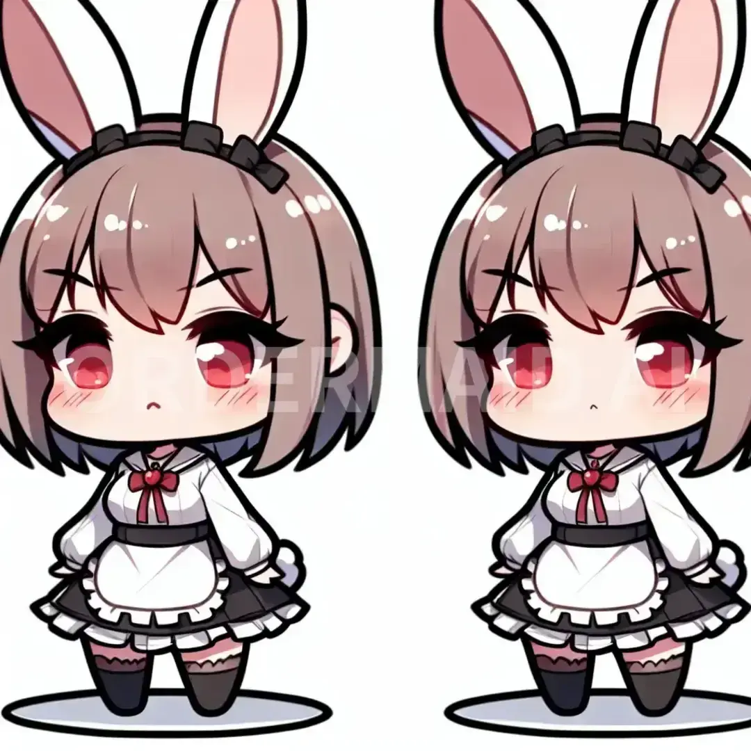 ちびキャラLINEスタンプメーカー - どんなイラストを生成したい？: うさぎの可愛い女の子 / 表情を選択してください。: 照れくさい表情 - 頬を赤くし、目をそらすことで照れを表す。 - AI画像 クラウドワークスAI