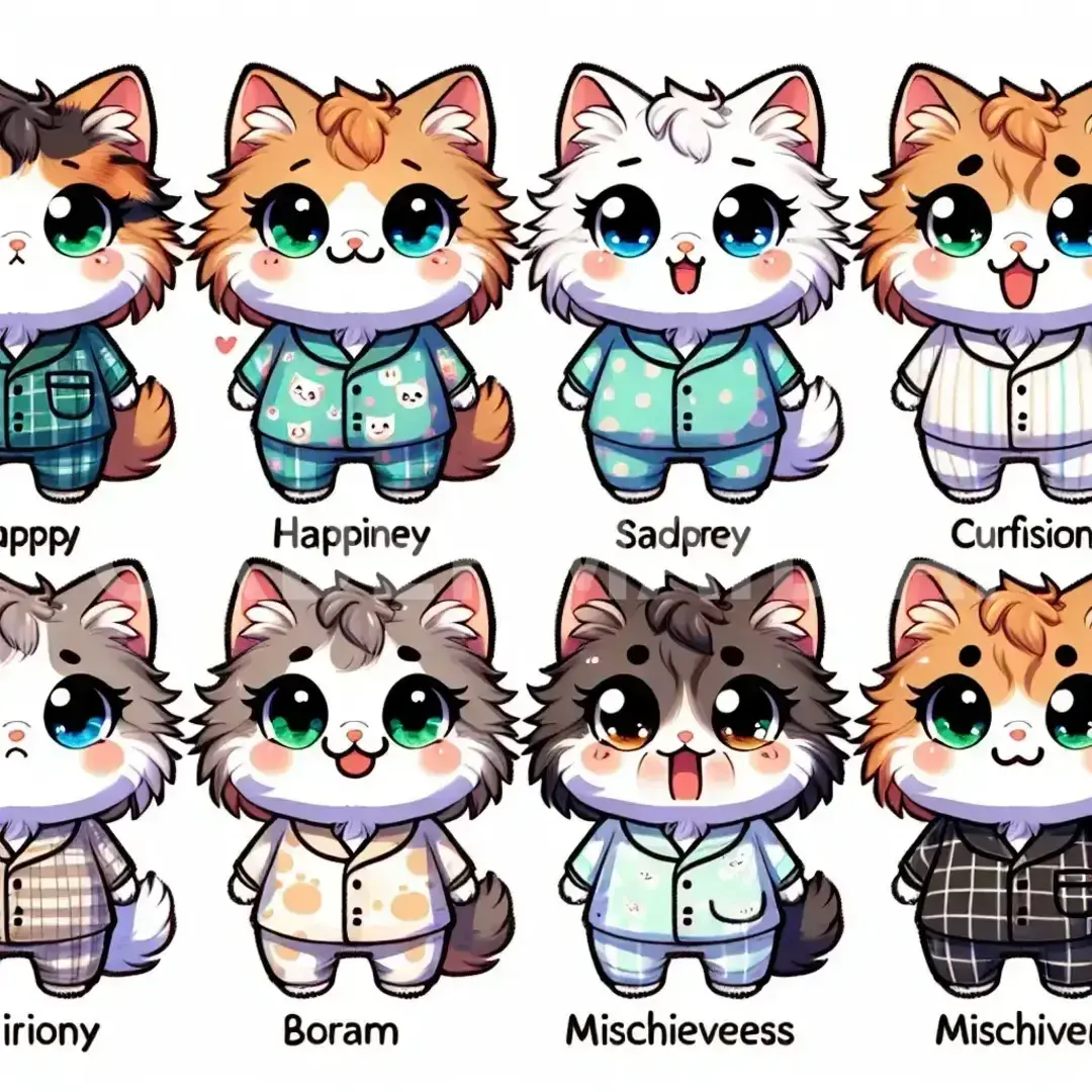 LINEスタンプメーカー2 - 生成したいキャラクター: 気怠そうなパジャマを着た猫 / スタイル: ちびキャラ風 - AI画像 クラウドワークスAI