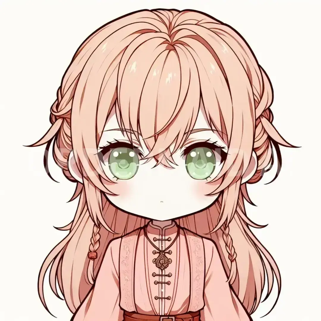 ちびキャラ - どんなちびキャラを生成したい？: 髪の毛はサーモンピンク色で長めの髪の毛をうなじの辺りで1本に結んでいる。前髪は左側のみかきあげている。目はエメラルドグリーン色でつり目気味。服は中世ヨーロッパに居そうな貴族のような気品のある薄ピンク色の洋装。性別は中性。 - AI画像 クラウドワークスAI