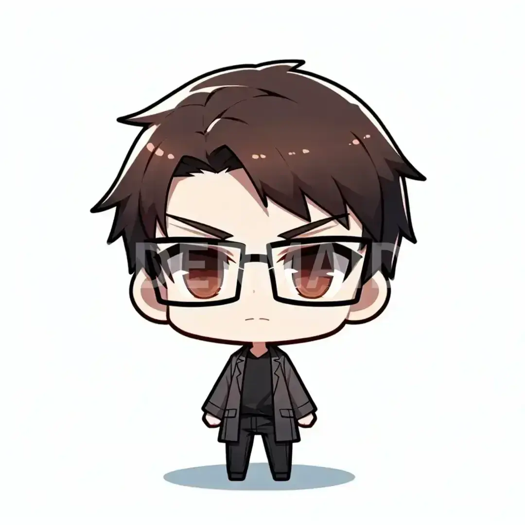 ちびキャラLINEスタンプメーカー - どんなイラストを生成したい？: メガネ男子 / 表情を選択してください。: キリッとした表情 - 目を鋭くして意気込みや決意を表す。 - AI画像 クラウドワークスAI