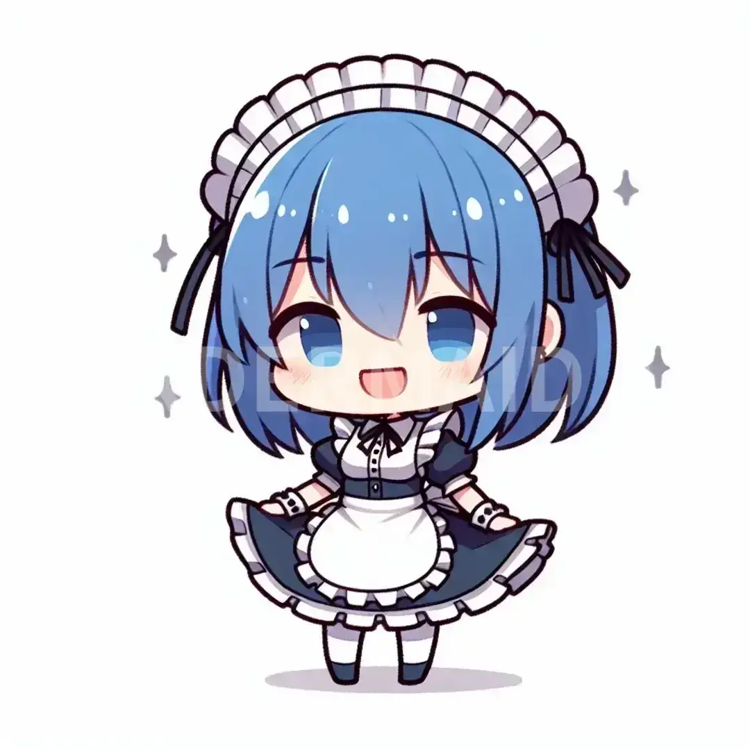ちびキャラLINEスタンプメーカー - どんなイラストを生成したい？: 青髪のメイド服 / 表情を選択してください。: 笑顔 - 幸せや友好的な感情を示す。 - AI画像 クラウドワークスAI