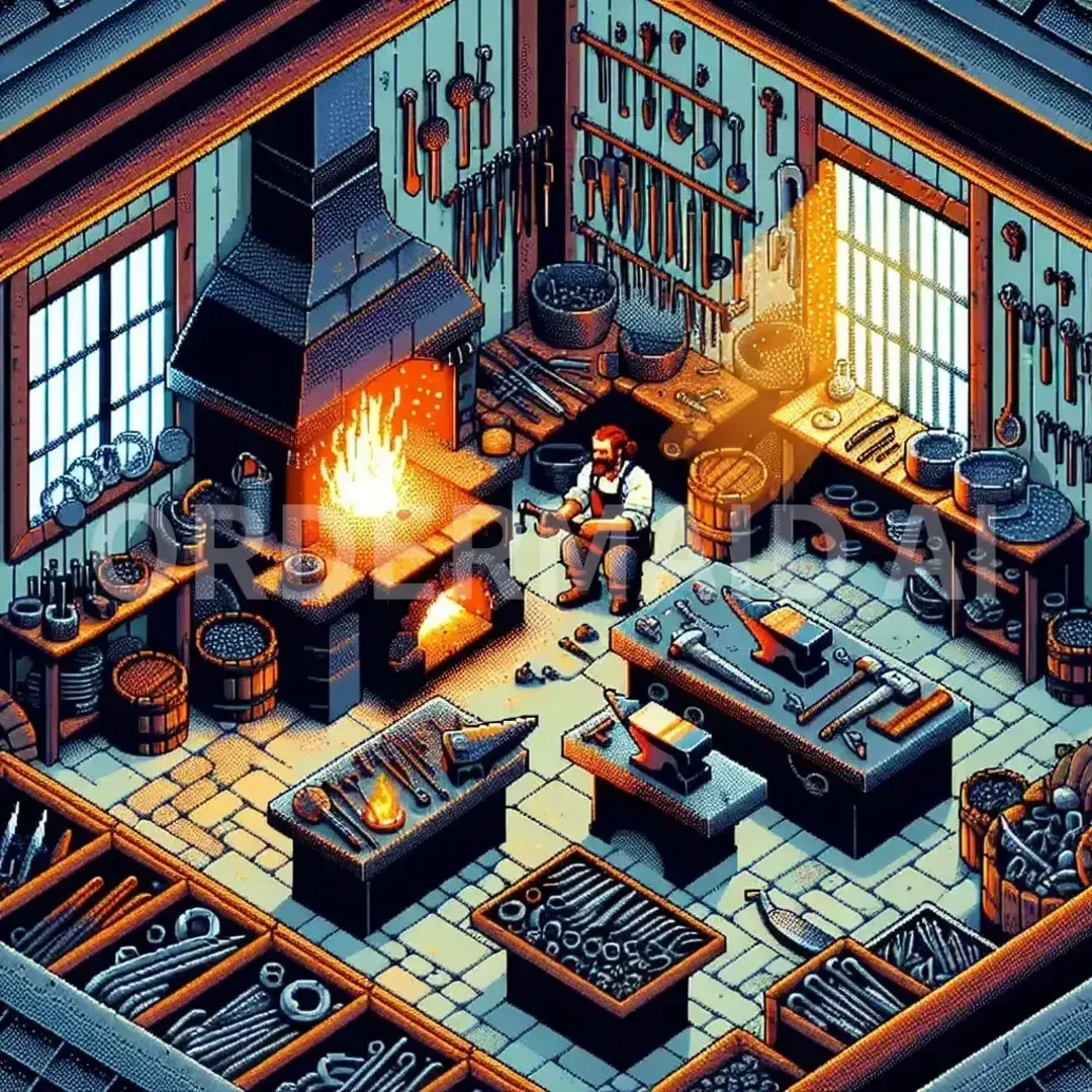 ドット絵メーカー - どんなイラストを生成したい？: 斜め上から見下ろした鍛冶屋 - AI画像 クラウドワークスAI